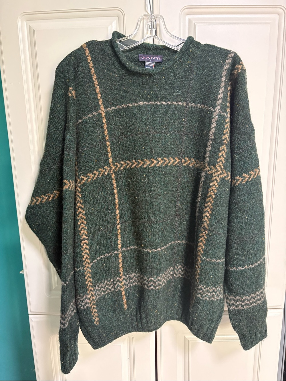 Gant Dark Green Crewneck Sweater with Tan & Gray Windowpane